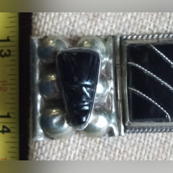 Sterling Silver Vintage Heavy 40's Mexico Aztec Faces Signed Link Bracelet - Picture 6 of 15